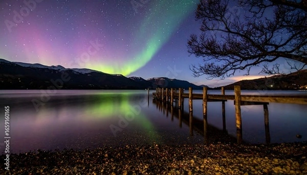 Fototapeta Nighttime aurora borealis over a lake with a pier