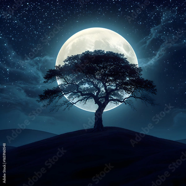 Fototapeta A solitary tree stands as a dark silhouette against a full, blue moon in the night sky