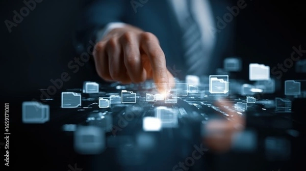 Fototapeta Digital Connection and Information: A close-up shot of a person's hand interacting with digital information, representing the power and innovation of modern technology.