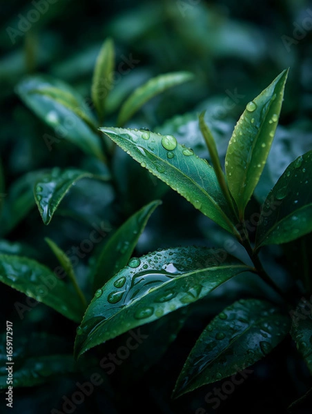 Obraz green tea leaf with water drops