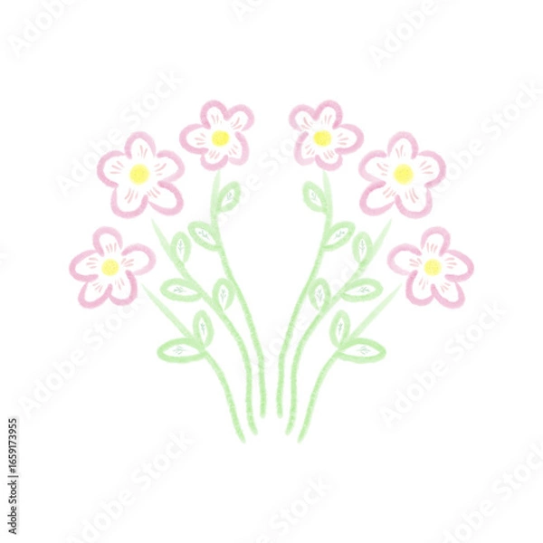Fototapeta Hand drawn doodle pink flowers bouquet illustration. Cute hand drawn pink flowers with green stems doodle