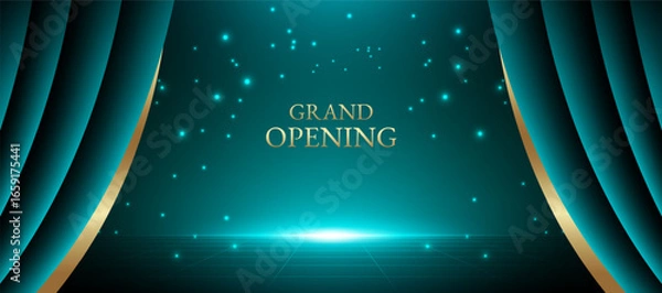 Obraz Grand opening stage background vector with teal and gold curved curtain and glowing lights. Perfect for show, theater display, movie premiere, concert banner, and celebration event