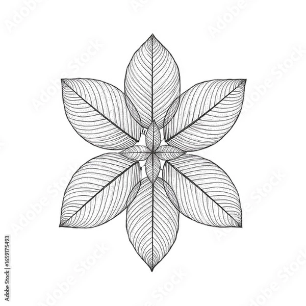 Obraz A stylized floral arrangement featuring detailed, symmetrical leaves radiating from a central point in a black and white illustration.