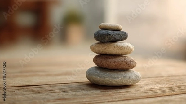 Fototapeta Tranquil Stack of Smooth Stones on a Wooden Surface Evoking Calmness and Serenity in Nature