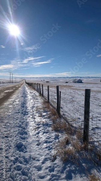 Obraz Snow-covered road and fence under a bright sun