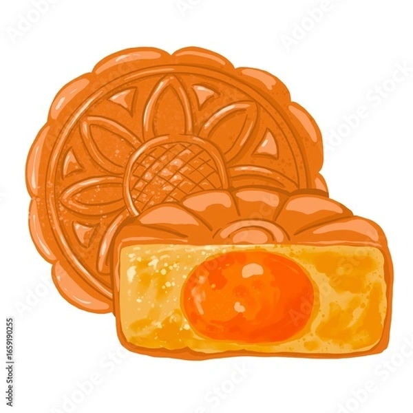 Obraz Isolated mooncake with Mung bean paste and egg yolk. Whole and half cut mooncake on white background.Mid Autumn Festival cake, traditional food for celebration.Authentic Asian cuisine illustration.  