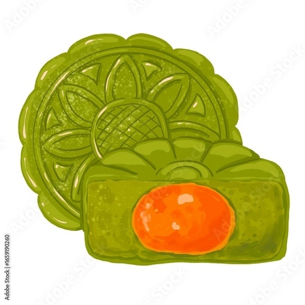 Obraz Matcha mooncake with matcha paste and egg yolk. Whole and half cut mooncake on white background.Mid Autumn Festival cake, traditional food for celebration.Authentic Asian cuisine illustration.  