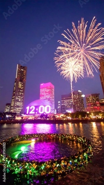 Fototapeta Cityscape Midnight Fireworks, Water Display
