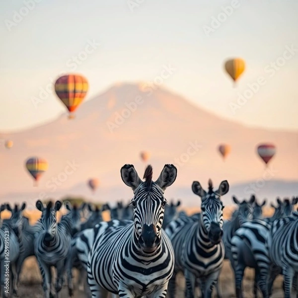 Fototapeta Dynamic action painting of zebras galloping across Amboseli National Park, Kenya, with Mount Kilimanjaro with generative ai