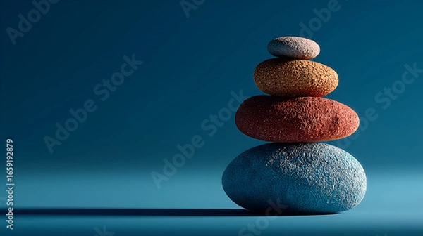 Fototapeta Minimalistic composition of balanced colourful textured stones stacked against gradient blue background with copy space, zen balance and harmony concept.