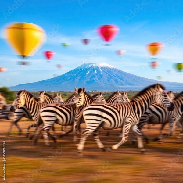 Fototapeta Dynamic action painting of zebras galloping across Amboseli National Park, Kenya, with Mount Kilimanjaro with generative ai