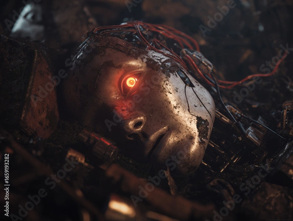 Fototapeta a broken AI robot lying in a pile of junk and scrap metal, damaged face with exposed wires and cracked metallic surface, rust and dirt covering the body