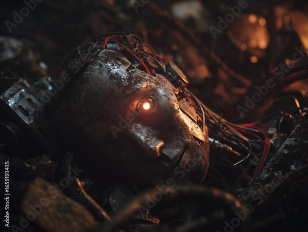 Fototapeta a broken AI robot lying in a pile of junk and scrap metal, damaged face with exposed wires and cracked metallic surface, rust and dirt covering the body