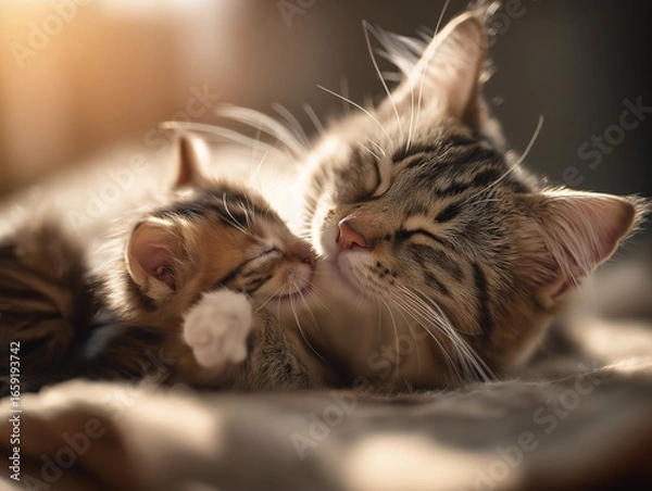 Fototapeta A heartwarming scene of a baby kitten gently touching its mother’s face with a small paw