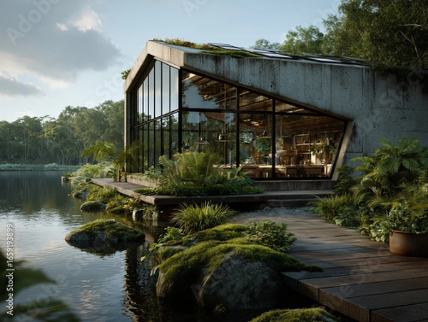 Fototapeta a modern industrial factory surrounded by lush green trees and landscaped gardens, clean futuristic architecture with glass and steel