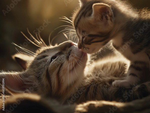 Fototapeta A heartwarming scene of a baby kitten gently touching its mother’s face with a small paw