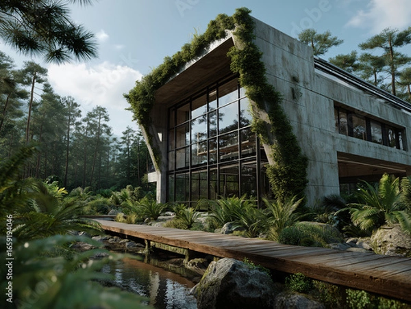 Fototapeta a modern industrial factory surrounded by lush green trees and landscaped gardens, clean futuristic architecture with glass and steel