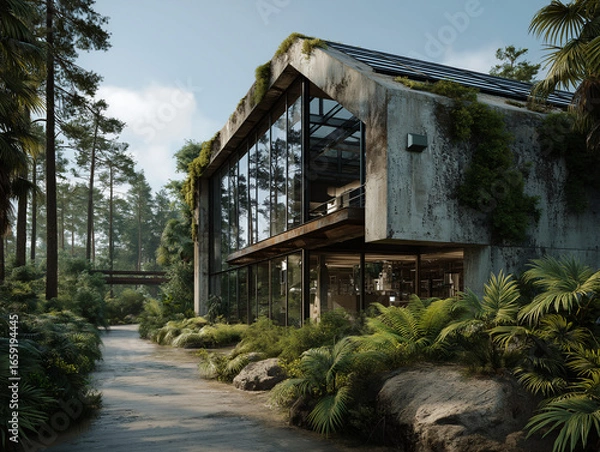 Fototapeta a modern industrial factory surrounded by lush green trees and landscaped gardens, clean futuristic architecture with glass and steel
