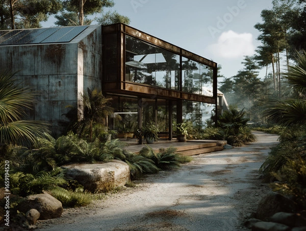 Fototapeta a modern industrial factory surrounded by lush green trees and landscaped gardens, clean futuristic architecture with glass and steel