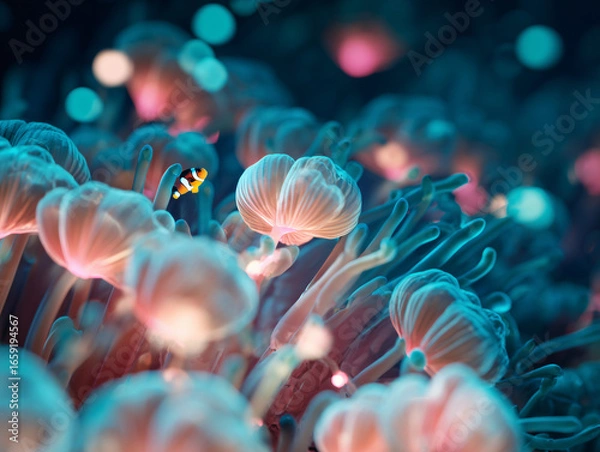 Fototapeta close-up cinematic shot of a cluster of sea anemones swaying gently underwater, glowing tentacles in neon colors