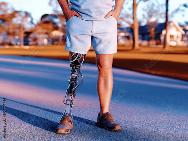 Fototapeta Man with a disability wearing a futuristic robotic prosthetic left leg