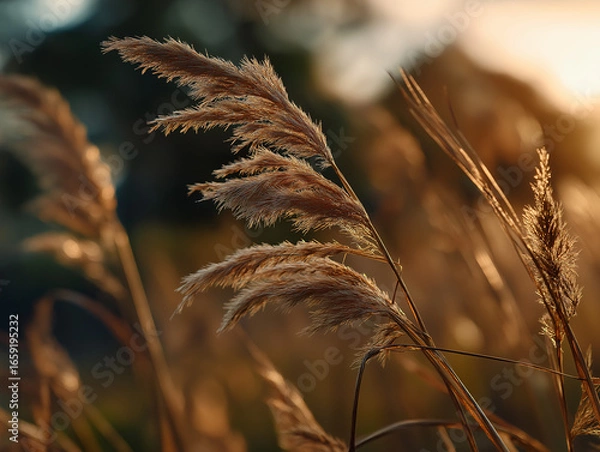 Fototapeta Tall wild grasses gently swaying in the wind at golden hour, soft warm sunlight from the setting sun glowing in the background