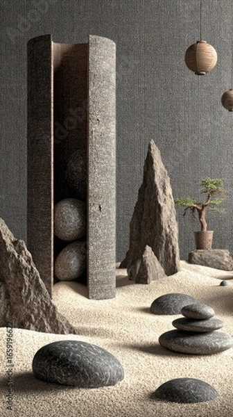 Fototapeta Minimalist zen garden scene with stones, a cylindrical container, and bonsai tree