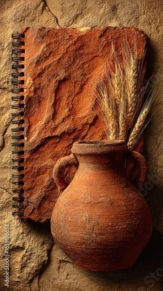 Fototapeta Rustic still life earthenware jar, wheat, textured book
