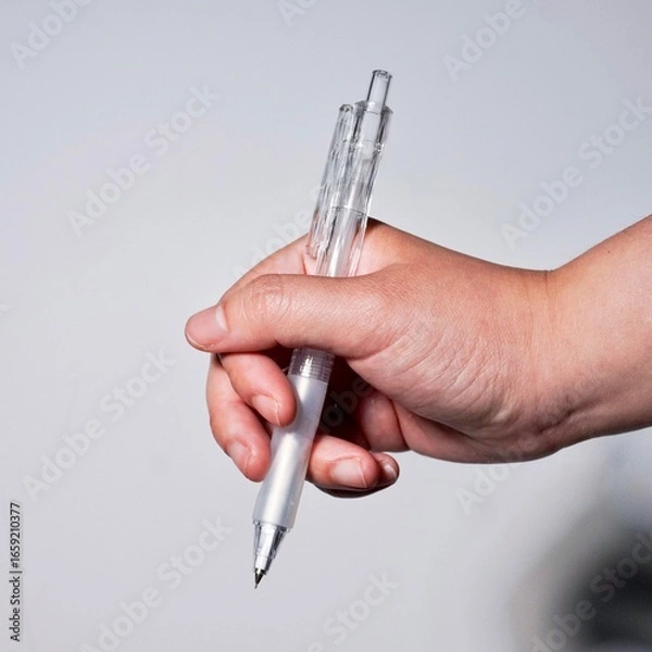 Fototapeta Hand hold clear transparent mechanical pencil with writing gesture isolated on square background.