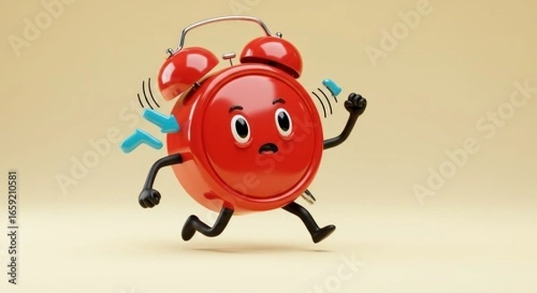 Obraz A cheerful red alarm clock cartoon with exaggerated facial features, arms and legs running, and sound waves, on a tan background