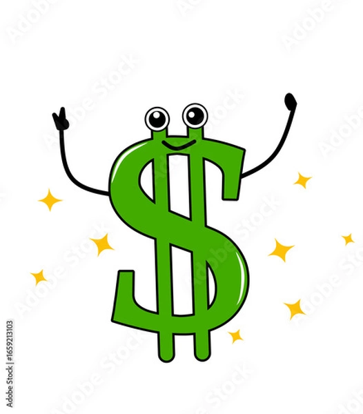 Fototapeta illustration of a dollar sign with isolated background. A happy, animated green dollar sign with arms and googly eyes, raising its hands and surrounded by stars. It represents success, profit, finance