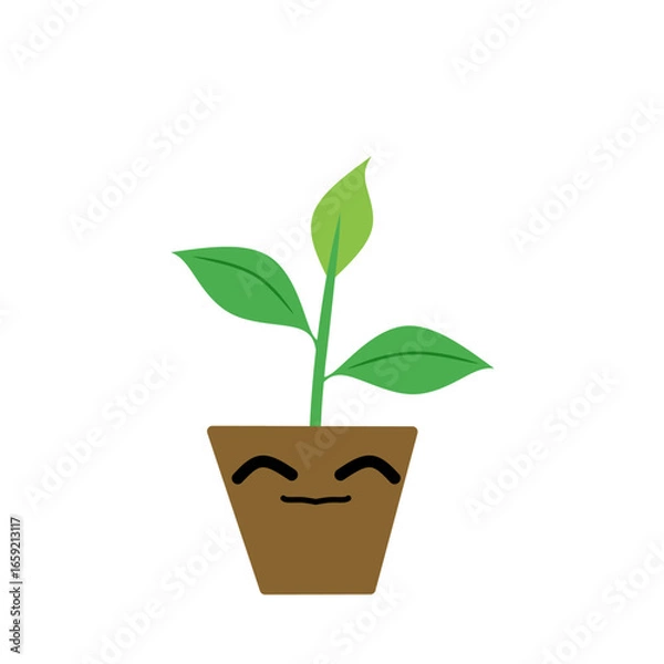 Fototapeta Vector illustration green plant in a pot. A simple and happy animated plant growing from a brown pot with a smiling face. It represents growth, nature, and happiness
