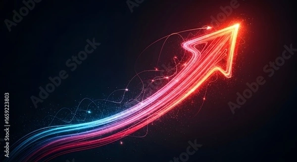 Fototapeta Glowing arrow ascends, its trail a vibrant, dynamic stream of blue and red energy against a dark, textured background. Symbolizing growth, progress, and innovation