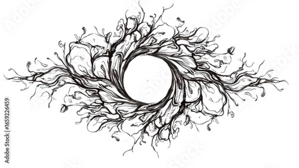 Fototapeta Dark abstract eye shape with twisted branches and leaves forming circular center, creating mysterious and organic design