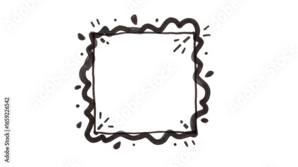 Fototapeta Hand drawn black wavy square frame with decorative dots and lines, simple artistic border design for creative projects