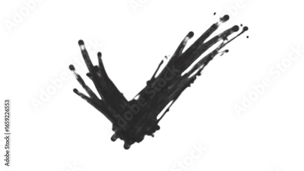 Fototapeta Black ink splash in check mark shape with dynamic splatter effect on transparent background, artistic and bold design element