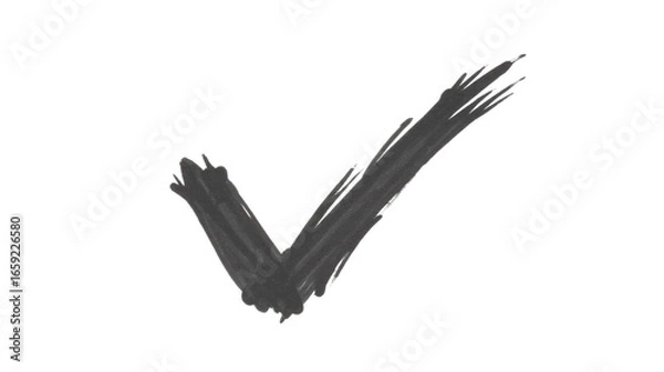 Fototapeta Check mark symbol drawn with black brush stroke, representing approval or completion with rough textured edges and dynamic style