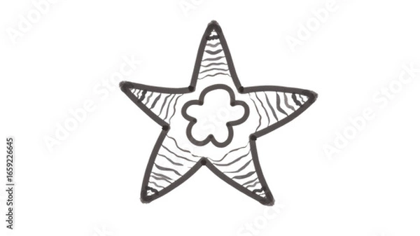 Fototapeta Star shape with wavy line pattern and flower design in center, simple black and white abstract illustration with artistic style