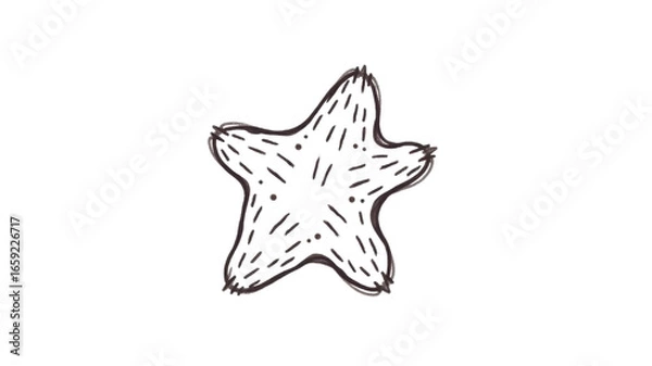 Fototapeta Starfish drawing with simple lines and dots, black and white marine animal illustration with five arms and textured surface