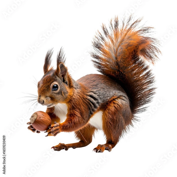 Fototapeta Cute Brown Squirrel with Fluffy Tail Holding a Nut on Transparent Background