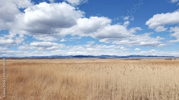 Fototapeta Expansive field of tall grasses under a partly cloudy sky.