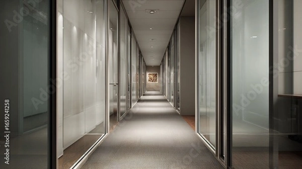 Obraz Corporate hallway glass doors and subtle lighting high end finishes silent and empty professional setting