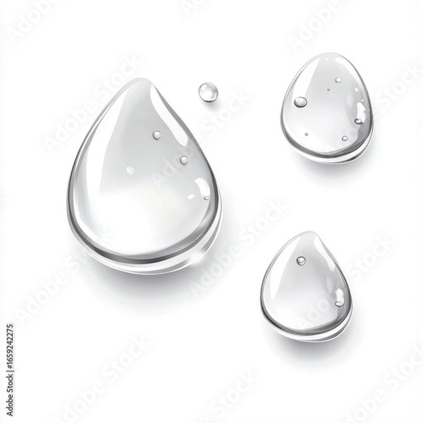 Obraz Three large, clear water droplets on a white background, vector illustration, flat design, in white and silver colors