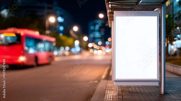 Fototapeta blank white vertical billboard at night bus stop city street scene red bus passes by urban advertising mockup empty space for advertisement night time ideal for marketing communication
