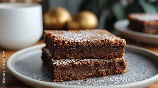 Fototapeta Delicious Chocolate Brownies with Dusting of Sugar on Plate