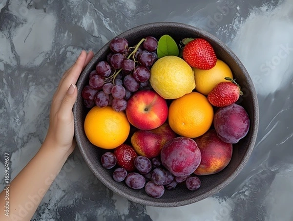 Fototapeta Fresh and Colorful Fruits in a Bowl on a Marble Surface