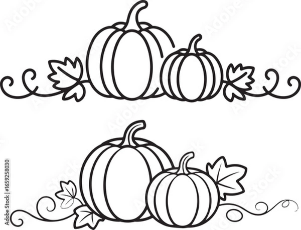 Obraz A set of two black and white illustrations, each depicting two pumpkins of different sizes. The pumpkins are arranged with decorative elements like stylized leaves and curling vines, creating a symmet