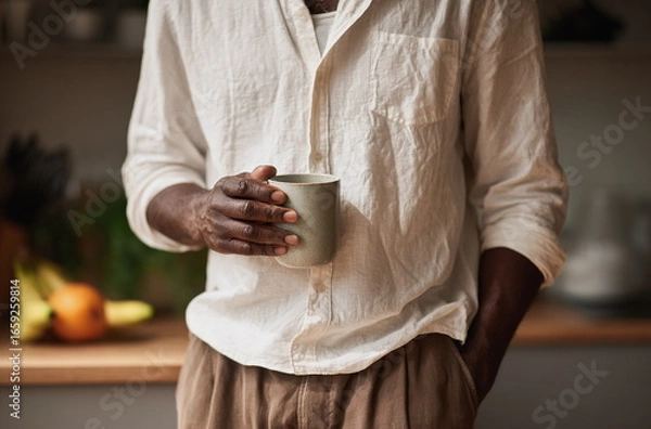 Fototapeta Warm morning light highlights a man holding a cozy mug, capturing a peaceful moment of calm and grounding. Soft tones and relaxed posture create a lifestyle scene filled with warmth, comfort, and simp