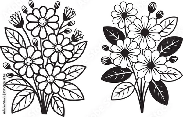 Obraz A set of two stylized bouquets of flowers in a black and white line art format. The illustrations depict blooming flowers with detailed leaves and buds, perfect for coloring or decorative purposes.