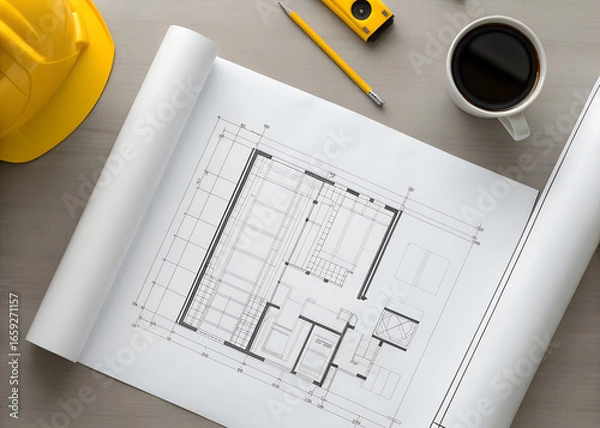 Fototapeta Construction Top-down scene of blueprint rolled open halfway, corner weights holding paper, and coffee cup on desk hinting long working session
